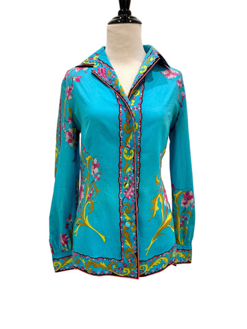 1960s Emilio Pucci Turquoise Floral Cotton Blouse