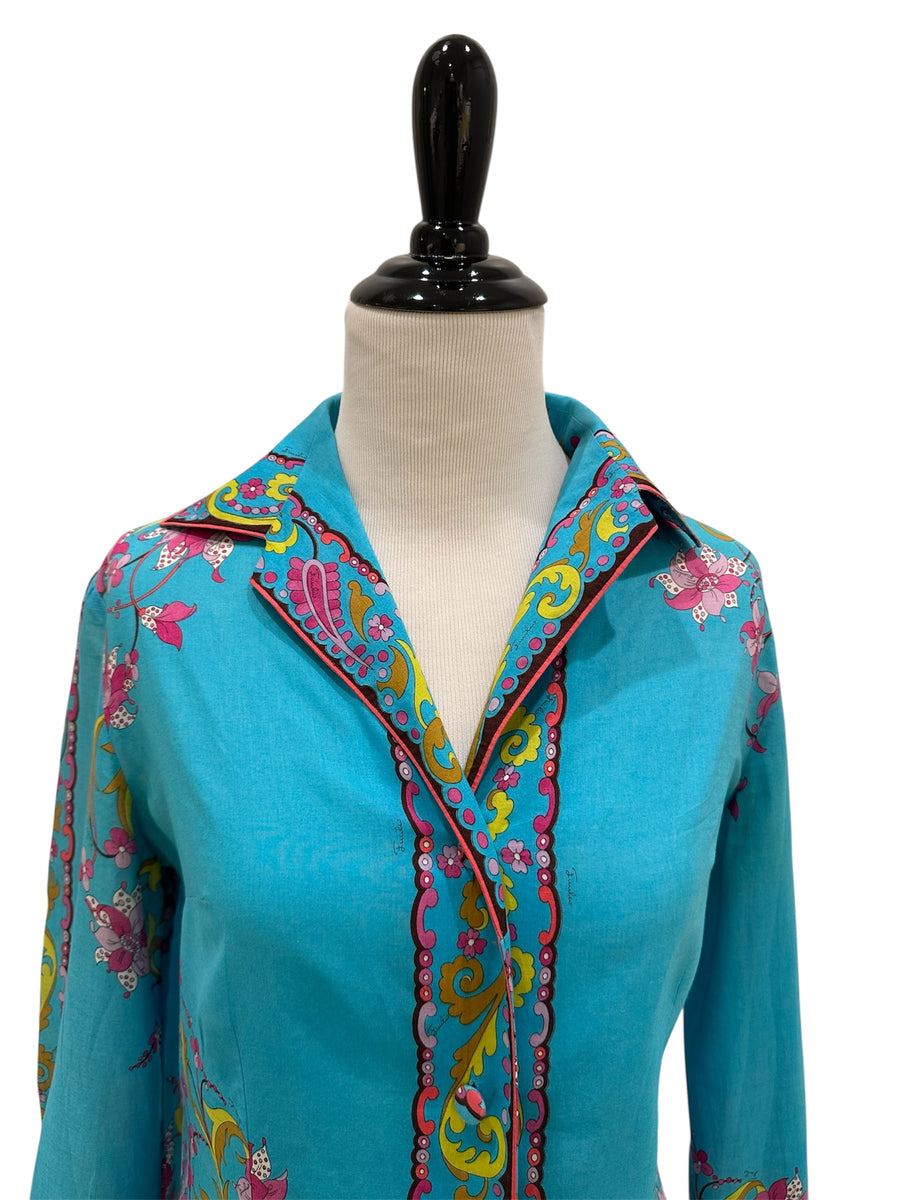 1960s Emilio Pucci Turquoise Floral Cotton Blouse