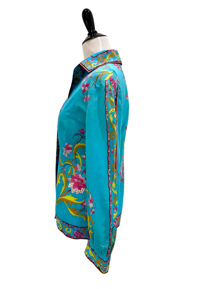 1960s Emilio Pucci Turquoise Floral Cotton Blouse