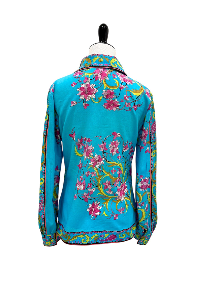 1960s Emilio Pucci Turquoise Floral Cotton Blouse