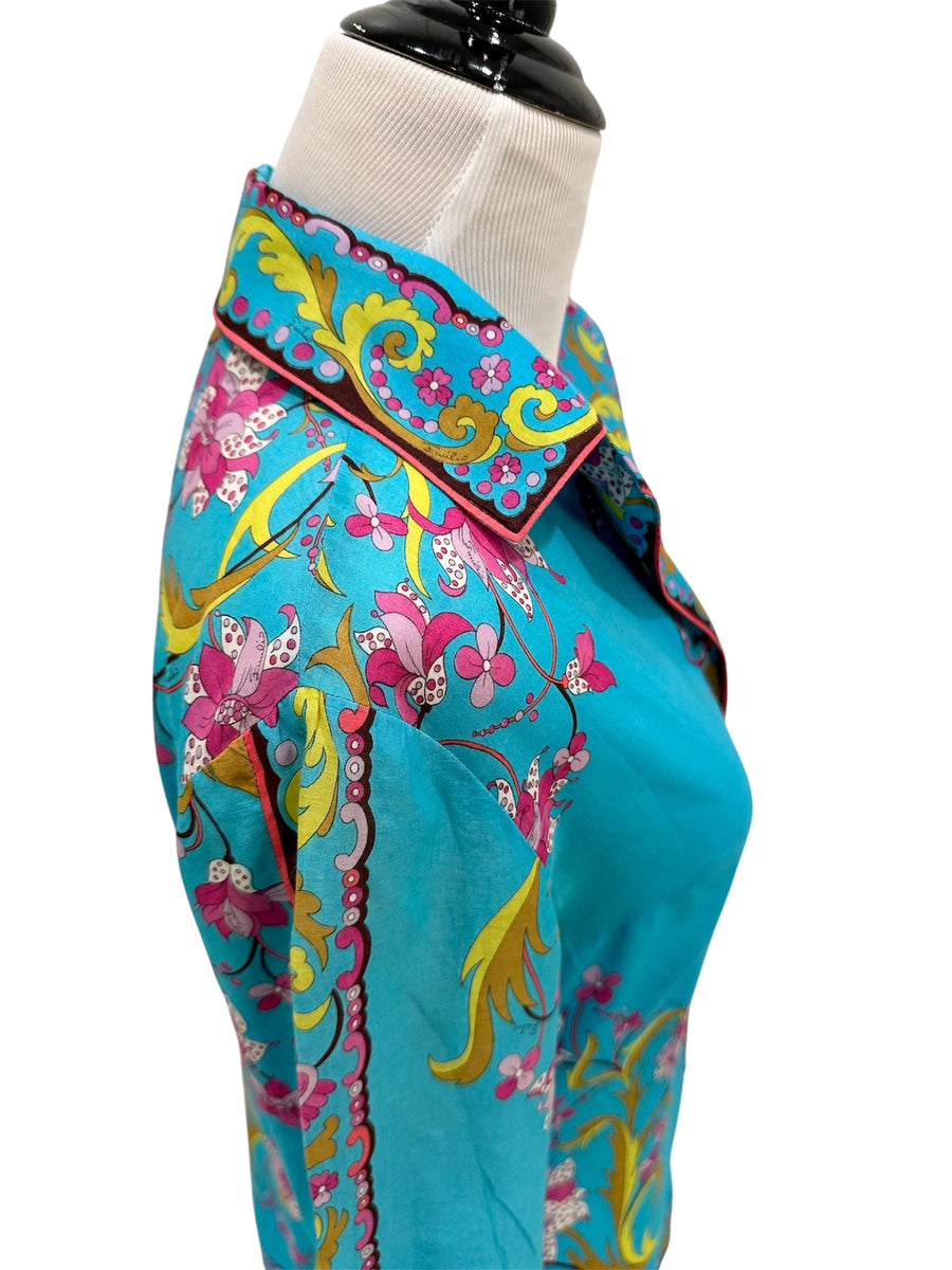 1960s Emilio Pucci Turquoise Floral Cotton Blouse