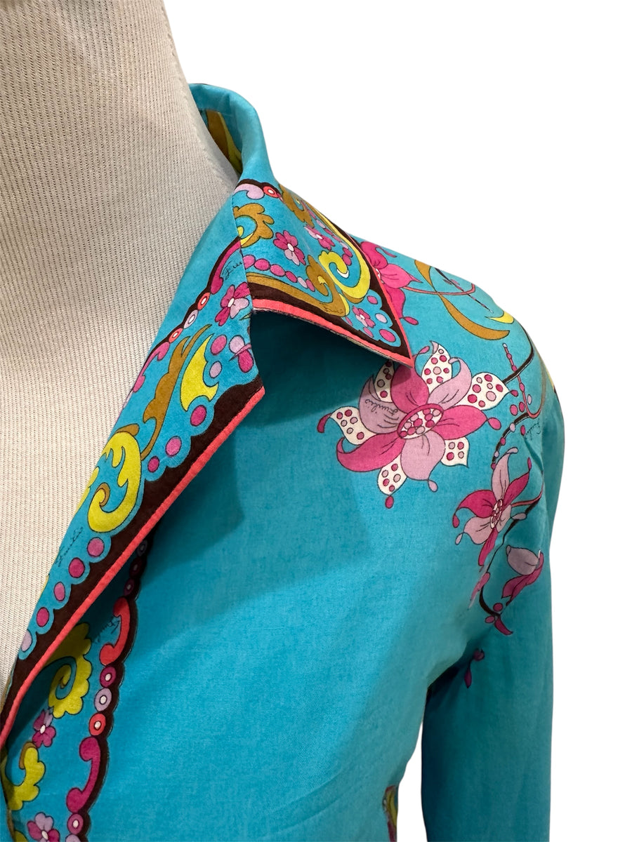 1960s Emilio Pucci Turquoise Floral Cotton Blouse