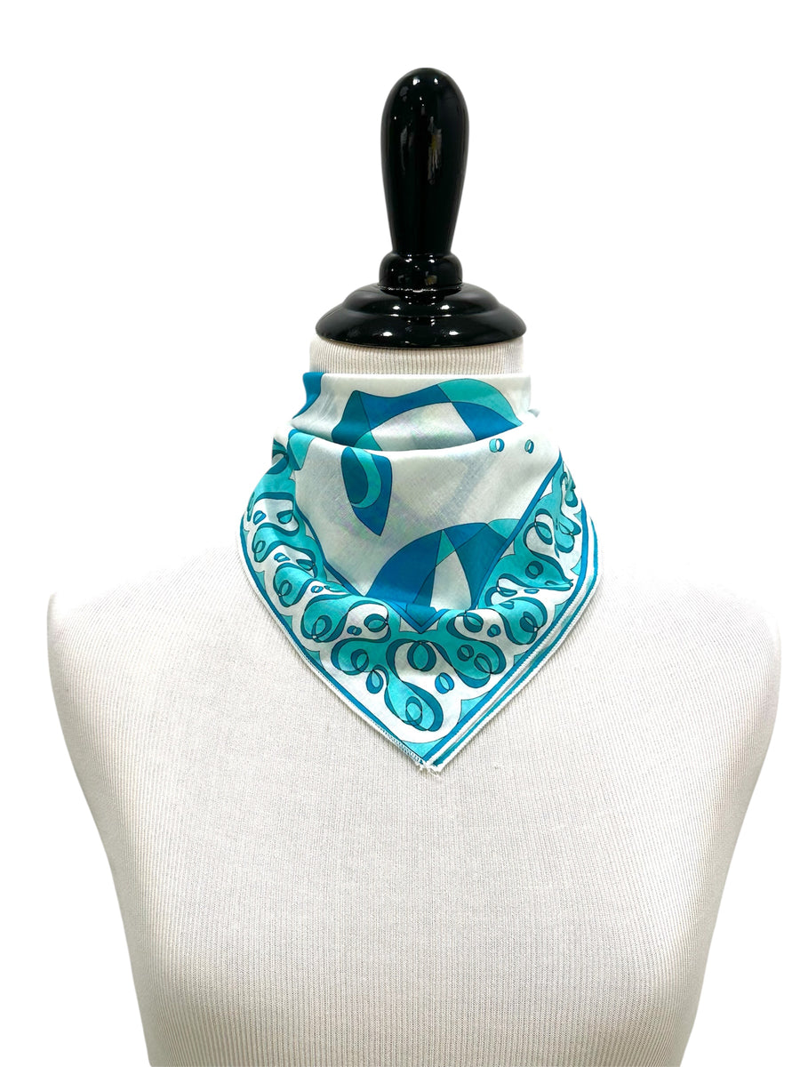 Vintage Pucci Turquoise and White Small Cotton Scarf