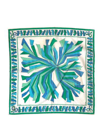 1970s Vintage Emilio Pucci Green and Blue Small Cotton Scarf