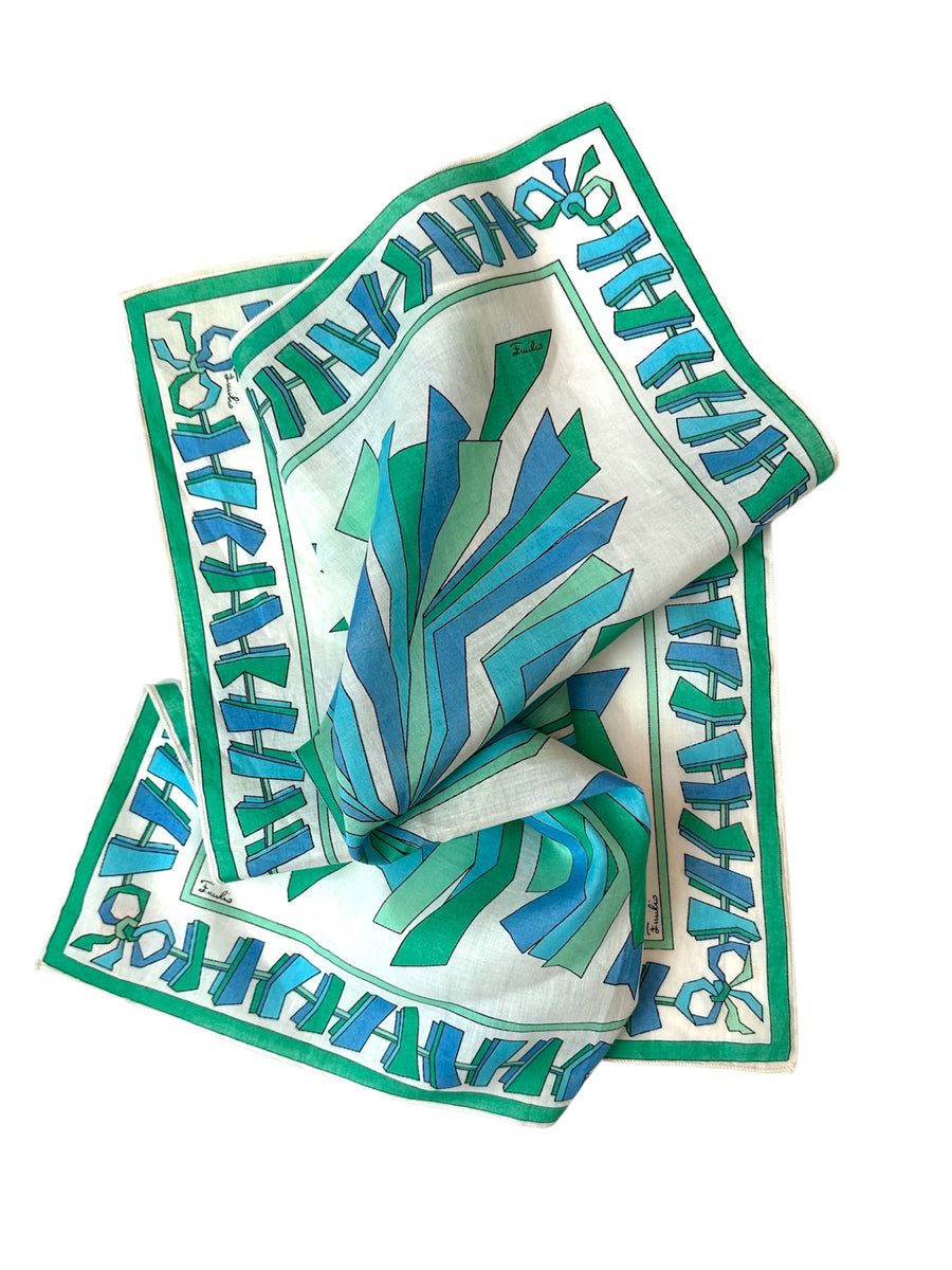 1970s Vintage Emilio Pucci Green and Blue Small Cotton Scarf