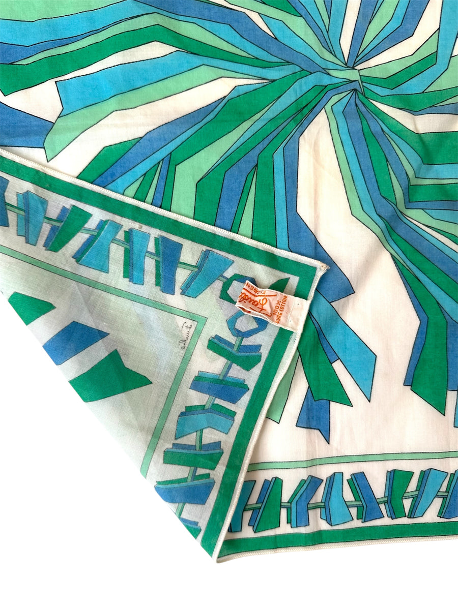 1970s Vintage Emilio Pucci Green and Blue Small Cotton Scarf