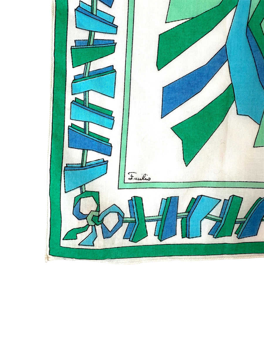 1970s Vintage Emilio Pucci Green and Blue Small Cotton Scarf