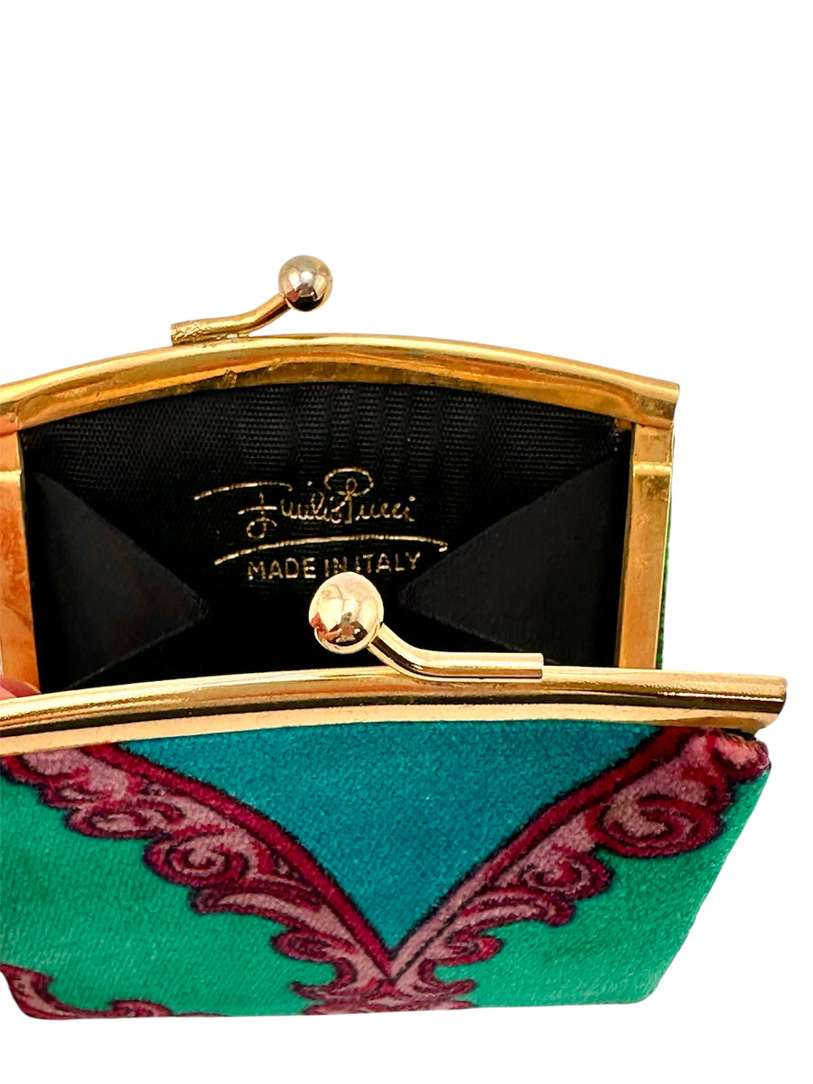 Vintage 1970s Emilio Pucci Green, Turquoise and Pink Velvet Chain Purse