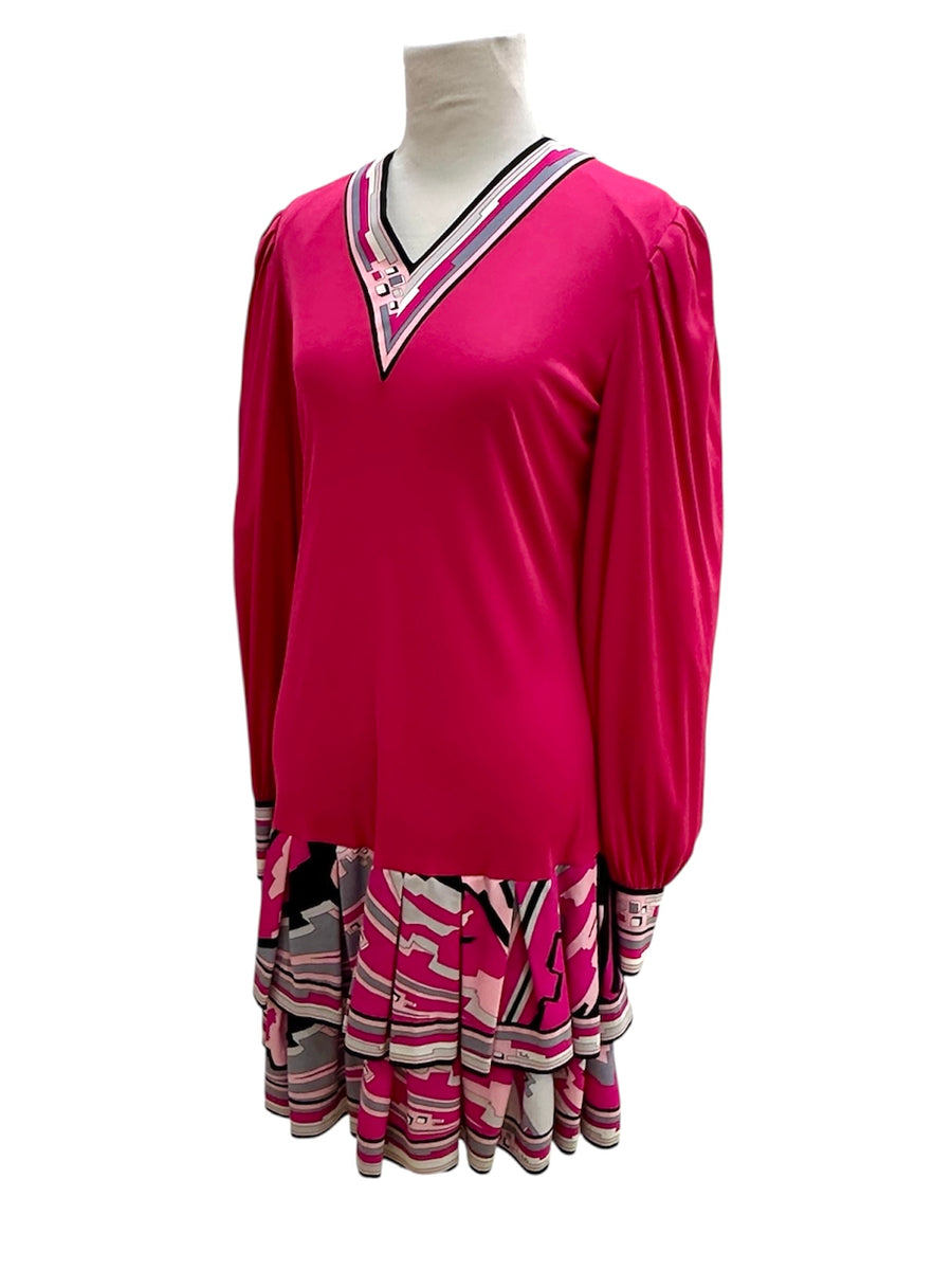 Vintage 1970s Emilio Pucci Fushia Drop Waist Dress with Printed Skirt
