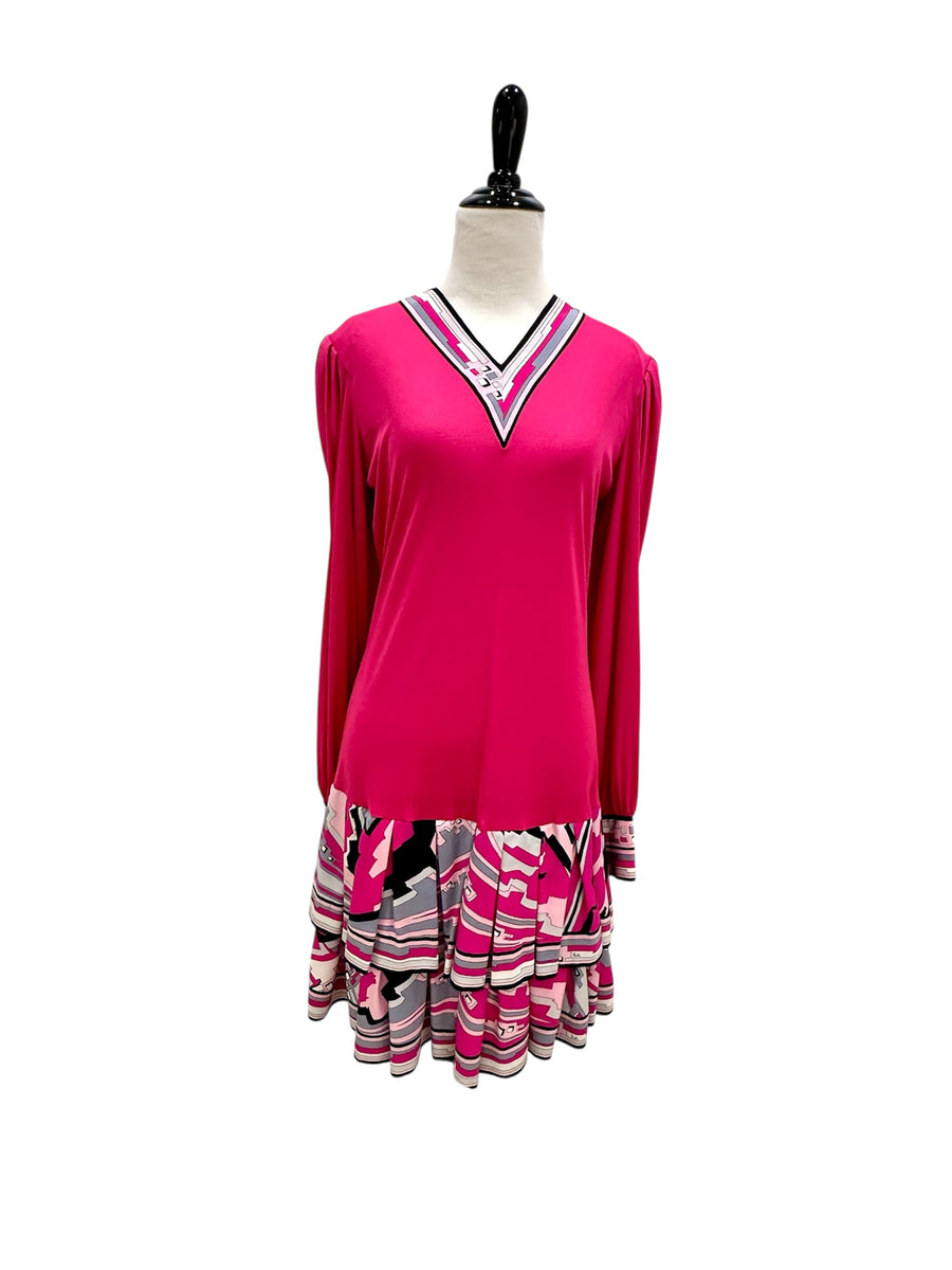 Vintage 1970s Emilio Pucci Fushia Drop Waist Dress with Printed Skirt
