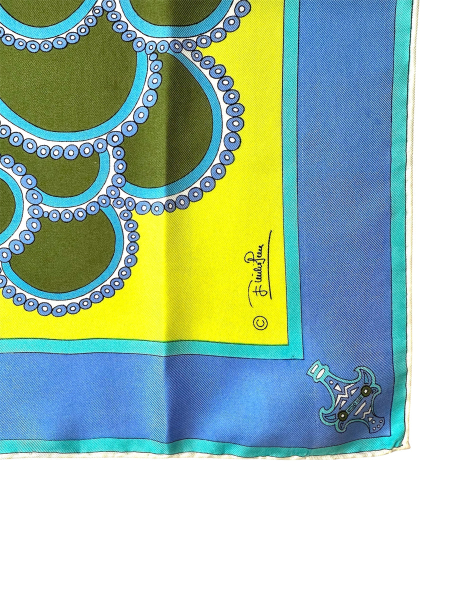 Vintage 1970s Emilio Pucci Scarf in Shades of Turquoise and Yellow