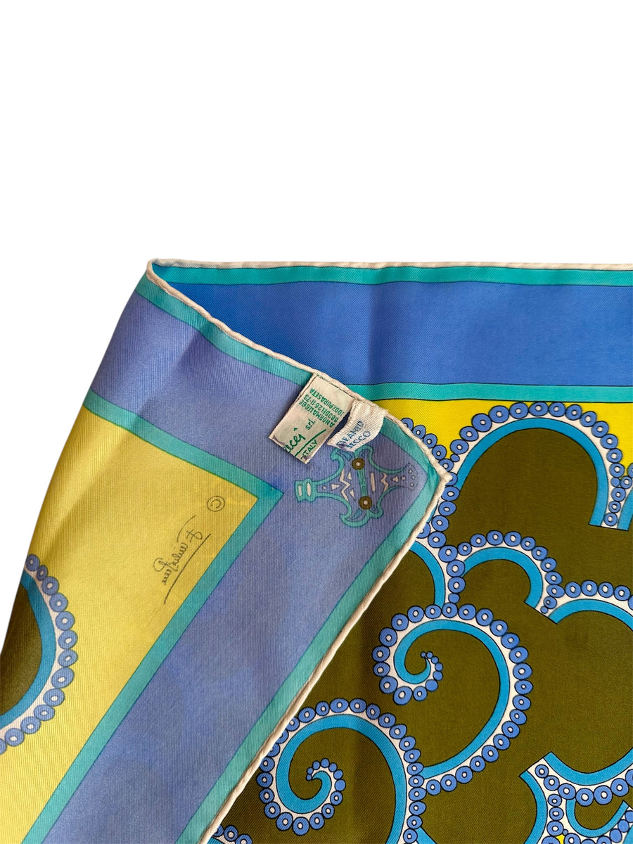 Vintage 1970s Emilio Pucci Scarf in Shades of Turquoise and Yellow