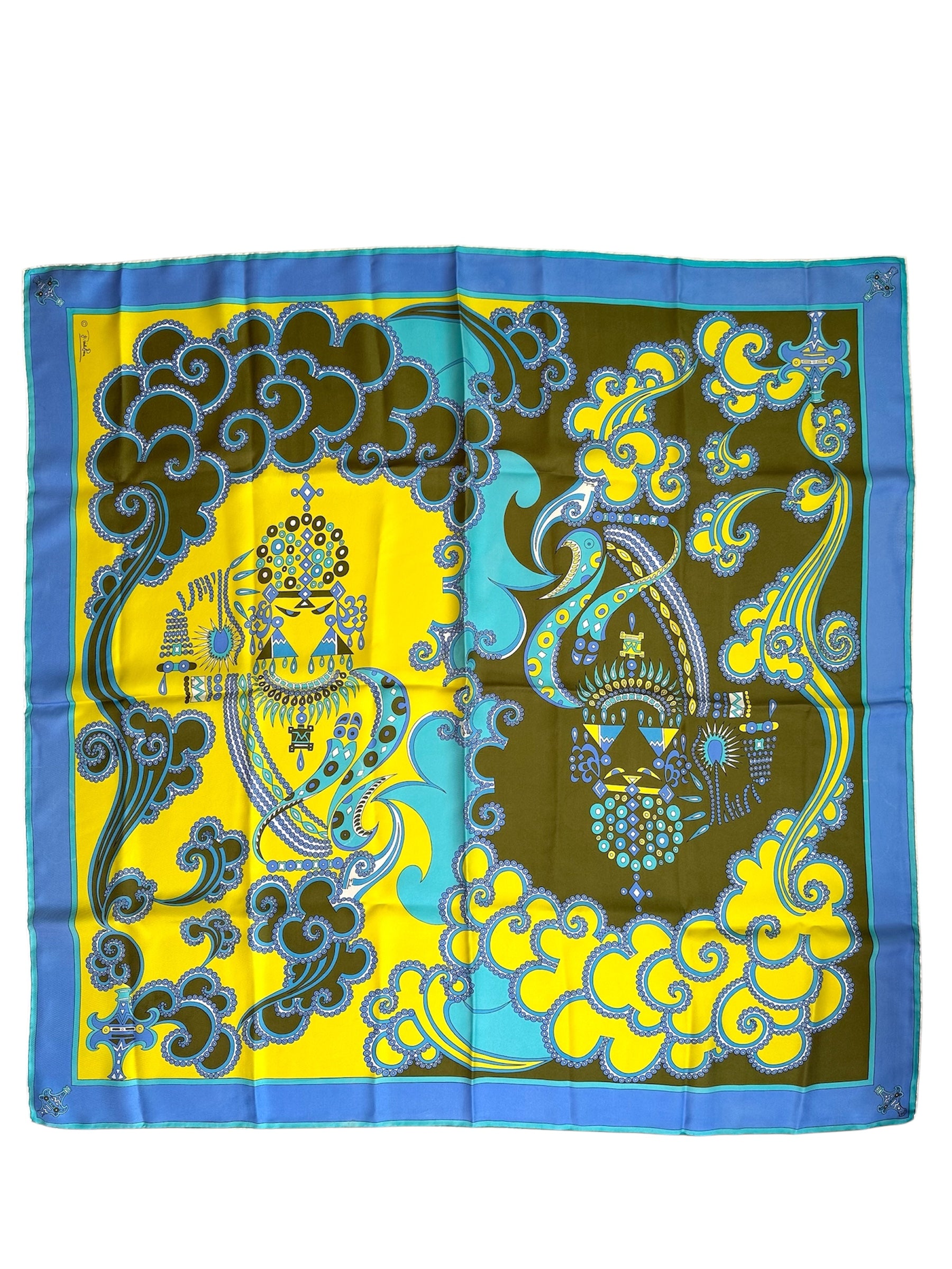 Vintage 1970s Emilio Pucci Scarf in Shades of Turquoise and Yellow