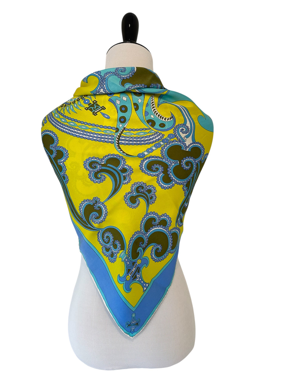 Vintage 1970s Emilio Pucci Scarf in Shades of Turquoise and Yellow