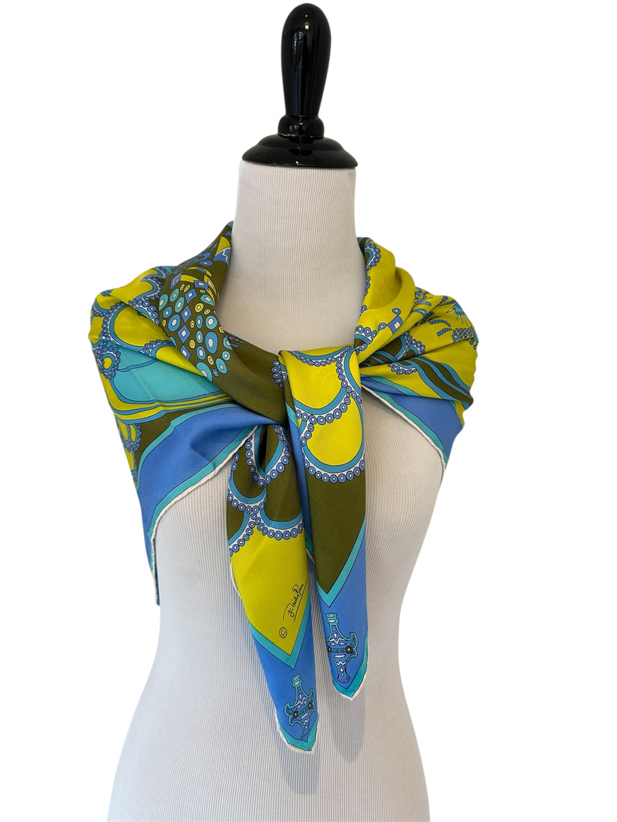 Vintage 1970s Emilio Pucci Scarf in Shades of Turquoise and Yellow