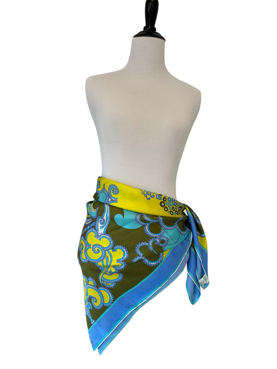 Vintage 1970s Emilio Pucci Scarf in Shades of Turquoise and Yellow