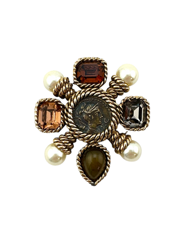 Vintage 1970s Ciner Roman Coin Pearl and Glass Stone Brooch