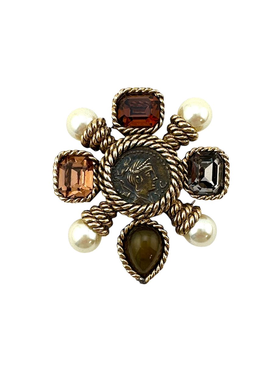 Vintage 1970s Ciner Roman Coin Pearl and Glass Stone Brooch