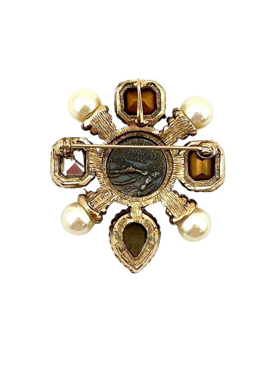 Vintage 1970s Ciner Roman Coin Pearl and Glass Stone Brooch