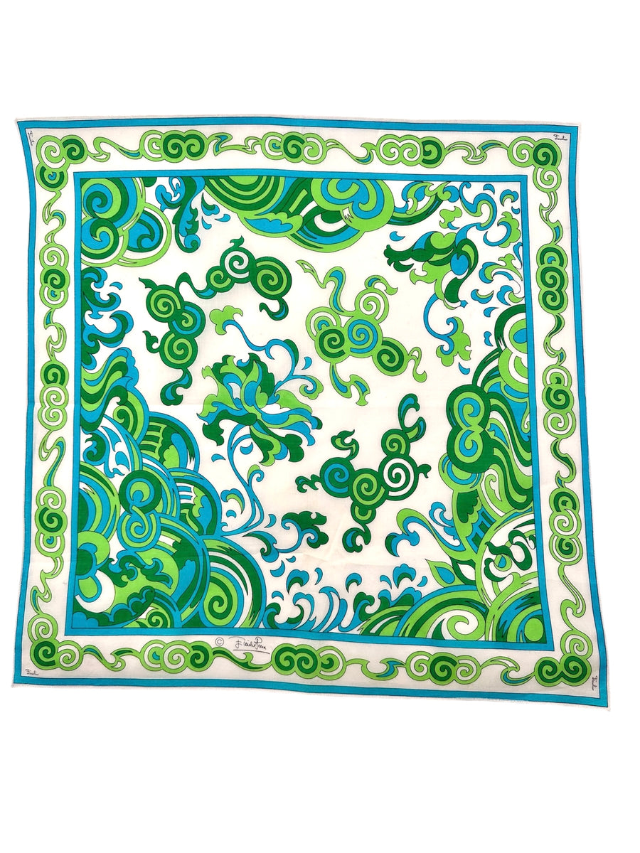 1970s Emilio Pucci Green and Turquoise Small Cotton Scarf