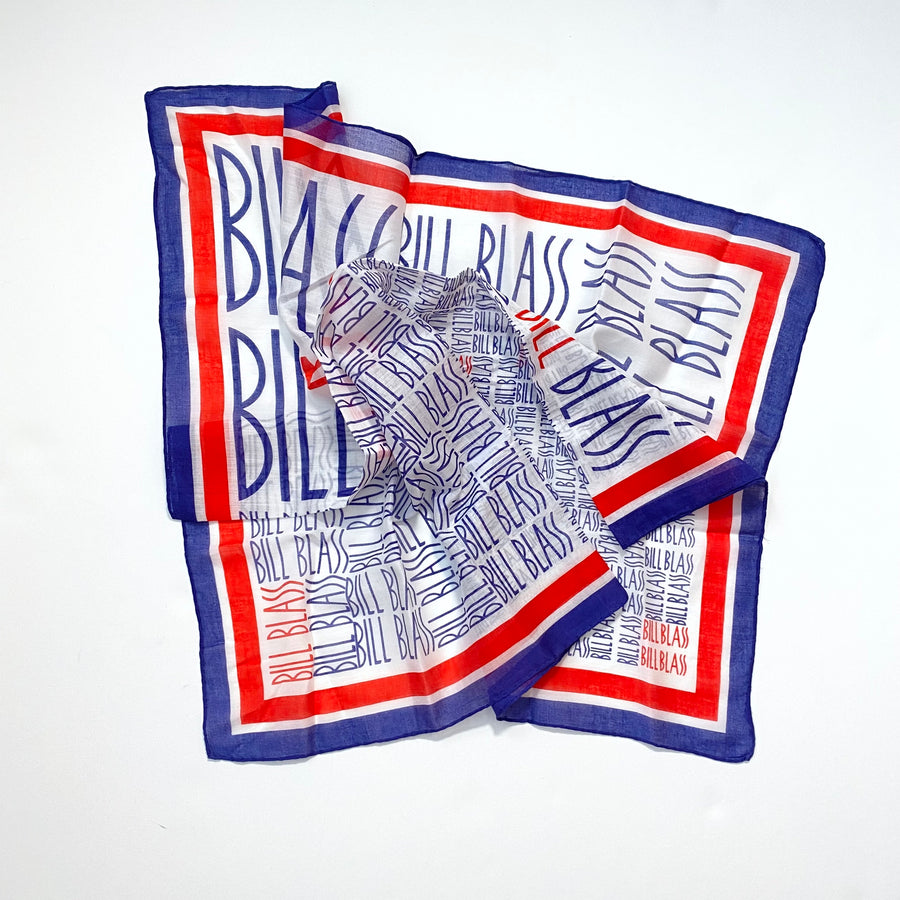 1970s Bill Blass Red, White and Blue Cotton Logo Scarf
