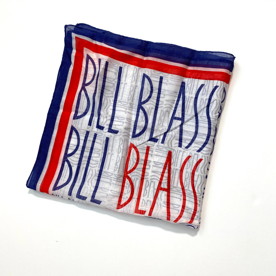 1970s Bill Blass Red, White and Blue Cotton Logo Scarf