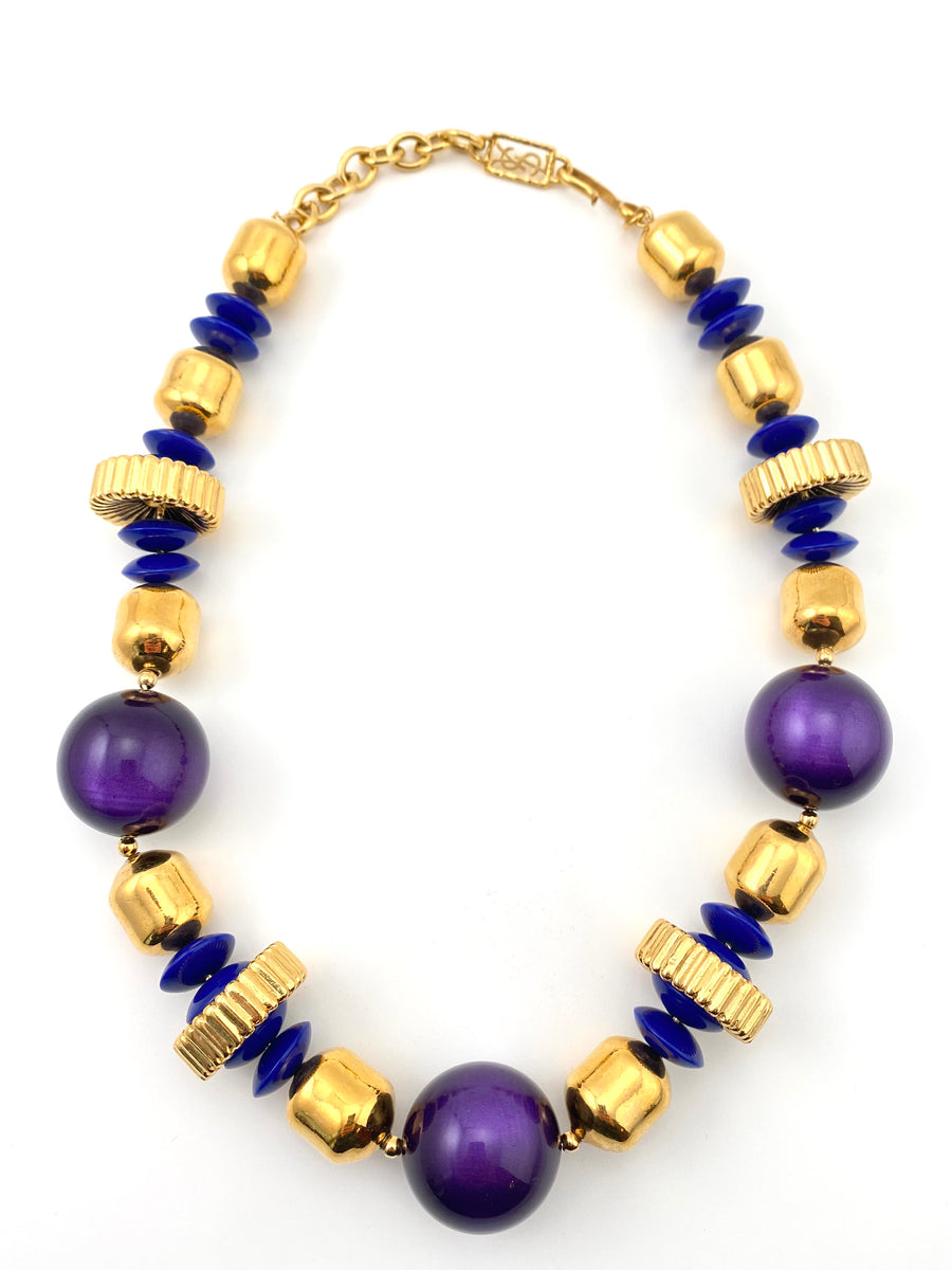 Vintage 1980s Yves Saint Laurent Large Purple, Blue and Gold Beaded Necklace
