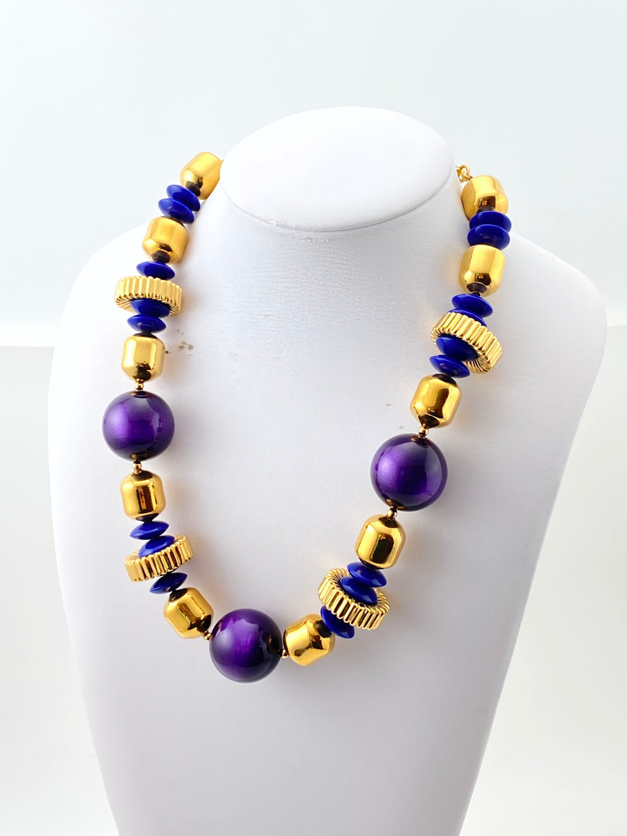 Vintage 1980s Yves Saint Laurent Large Purple, Blue and Gold Beaded Necklace