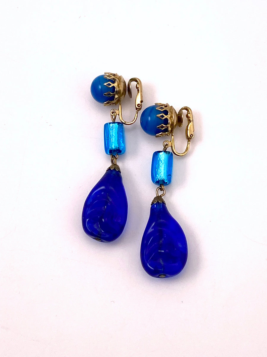 1960s Castlecliff Blue Glass Dangle Earrings