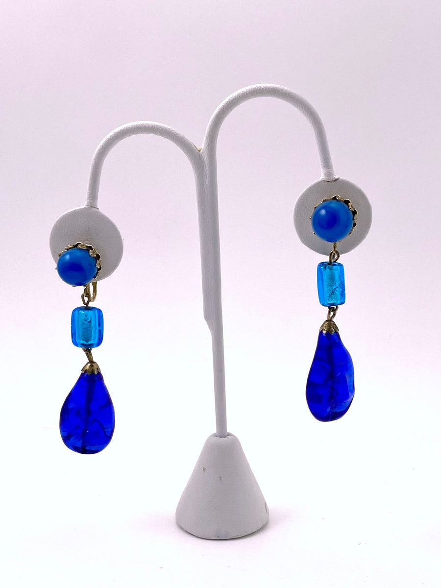 1960s Castlecliff Blue Glass Dangle Earrings
