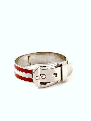 1970s Silvertone Gucci Buckle Bracelet with Red and White Enamel Stripes