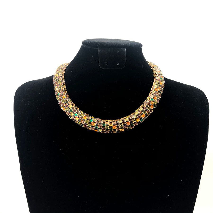 St. John 1970s Multi-Colored Glass Choker Necklace and Earrings Set