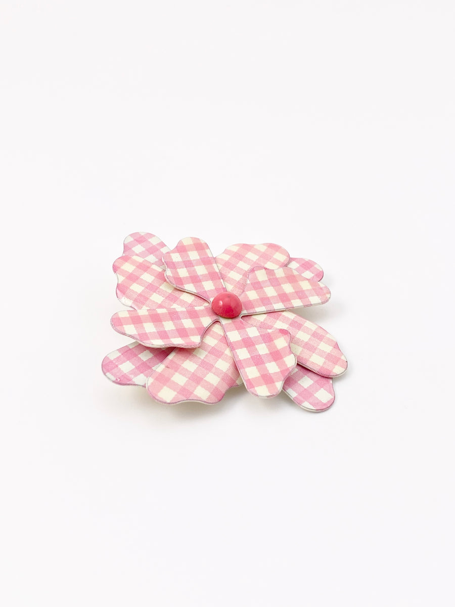 Vintage Pink and White Gingham Flower Brooch