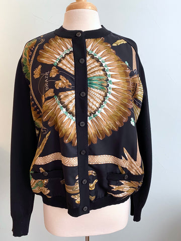 Hermés 1980s Brazil Scarf Print Black Cardigan Sweater