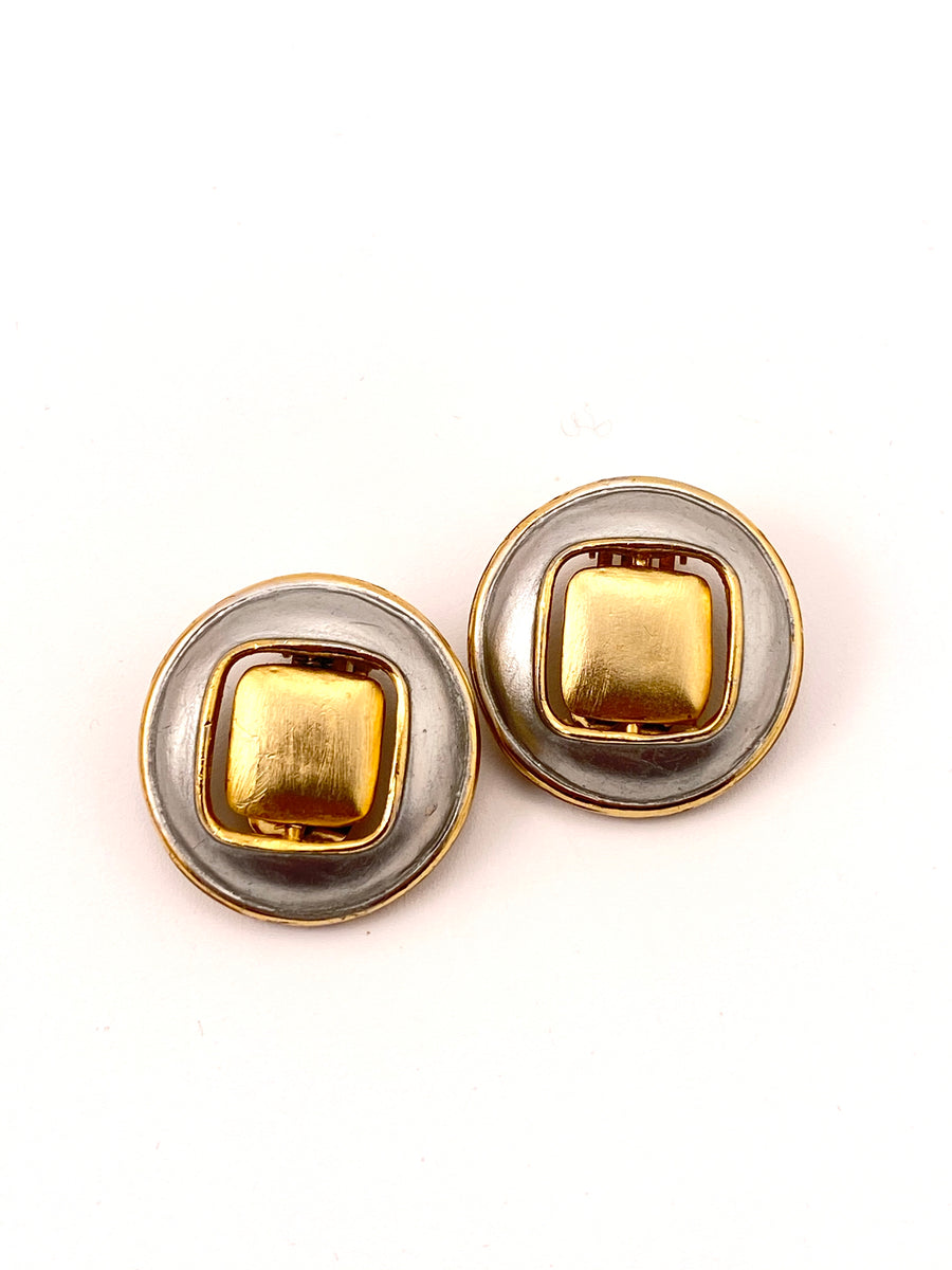 1960's PIERRE CARDIN Reversible Silvertone Earrings with Black and Gold