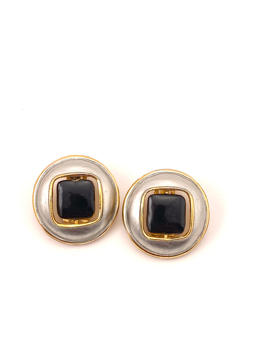1960's PIERRE CARDIN Reversible Silvertone Earrings with Black and Gold