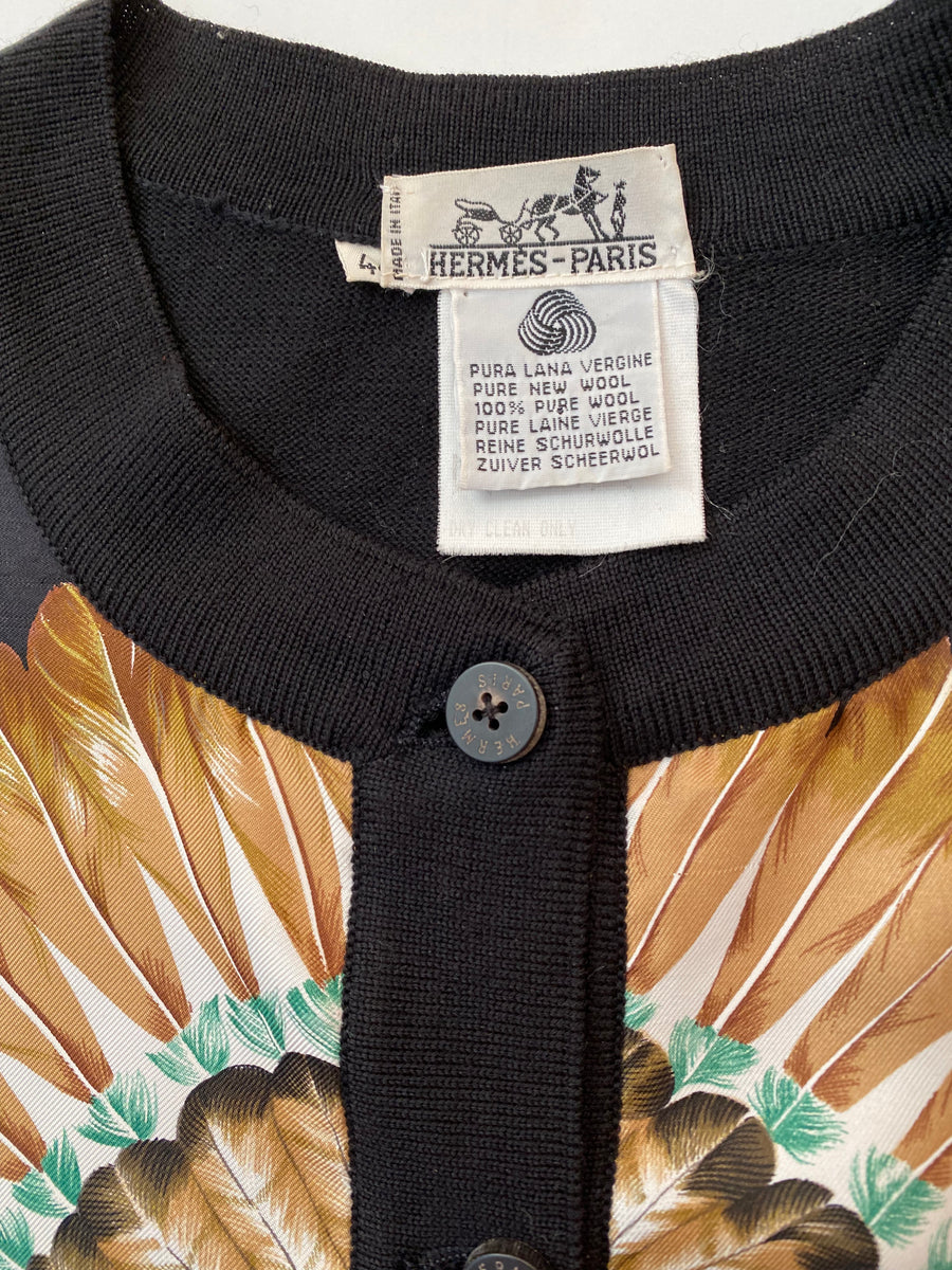 Hermès 1990s Brazil Scarf Print Black Cardigan Sweater