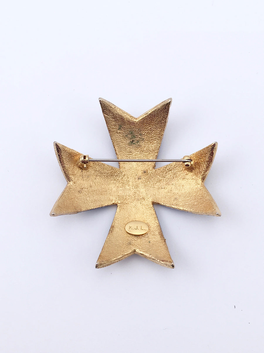 1960s Kenneth Jay Lane Blue and Gold Maltese Cross Brooch