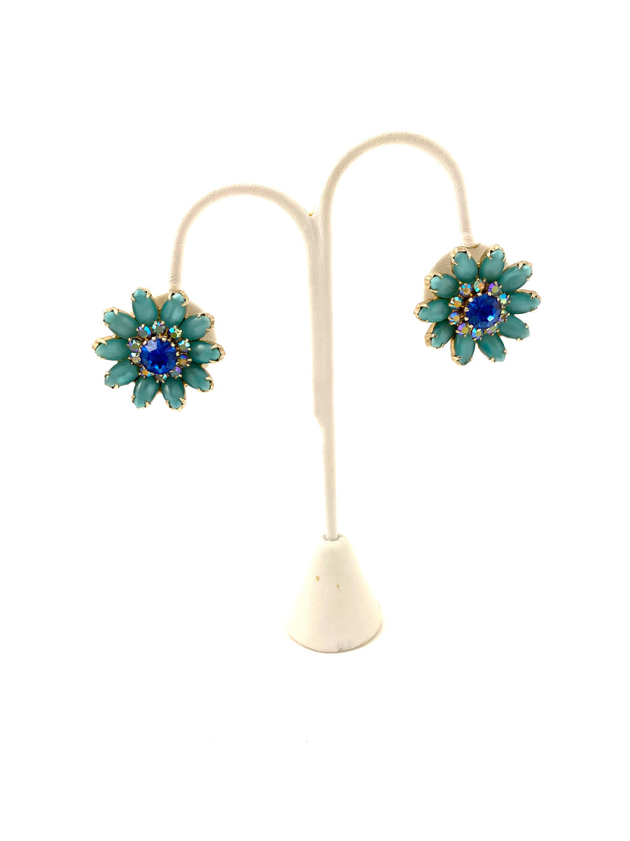 1960s Turquoise Flower Earrings with Blue Centers