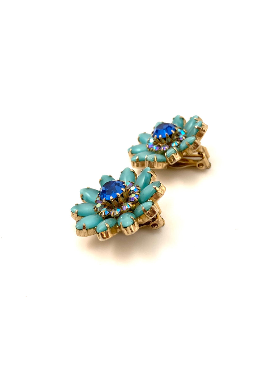 1960s Turquoise Flower Earrings with Blue Centers