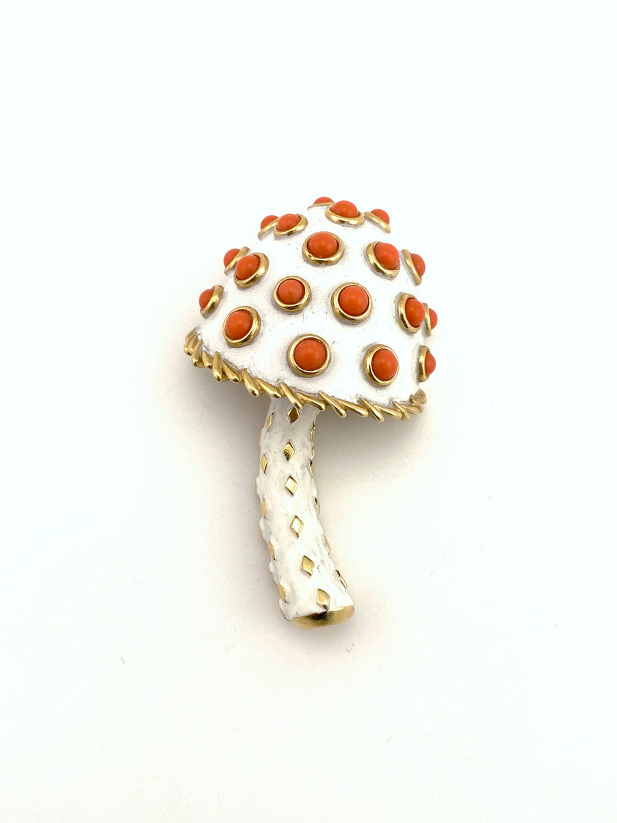 1960s White and Orange Enamel Trifari Mushroom Brooch
