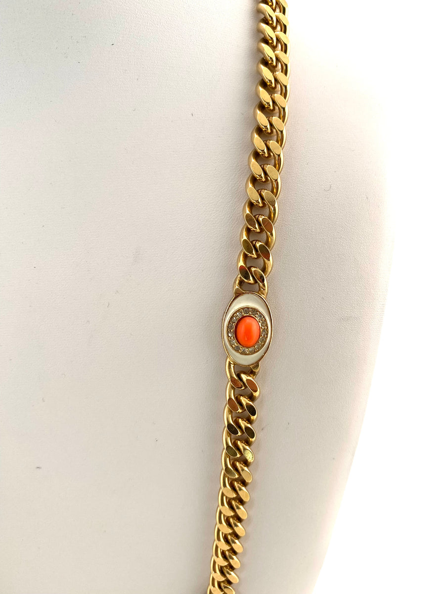 1970s Ciner Faux Coral, Enamel,  Rhinestone Long Chain Necklace