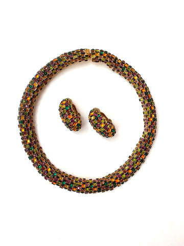 1980s St. John Knits Multi-Colored Glass Choker Necklace and Earrings Set