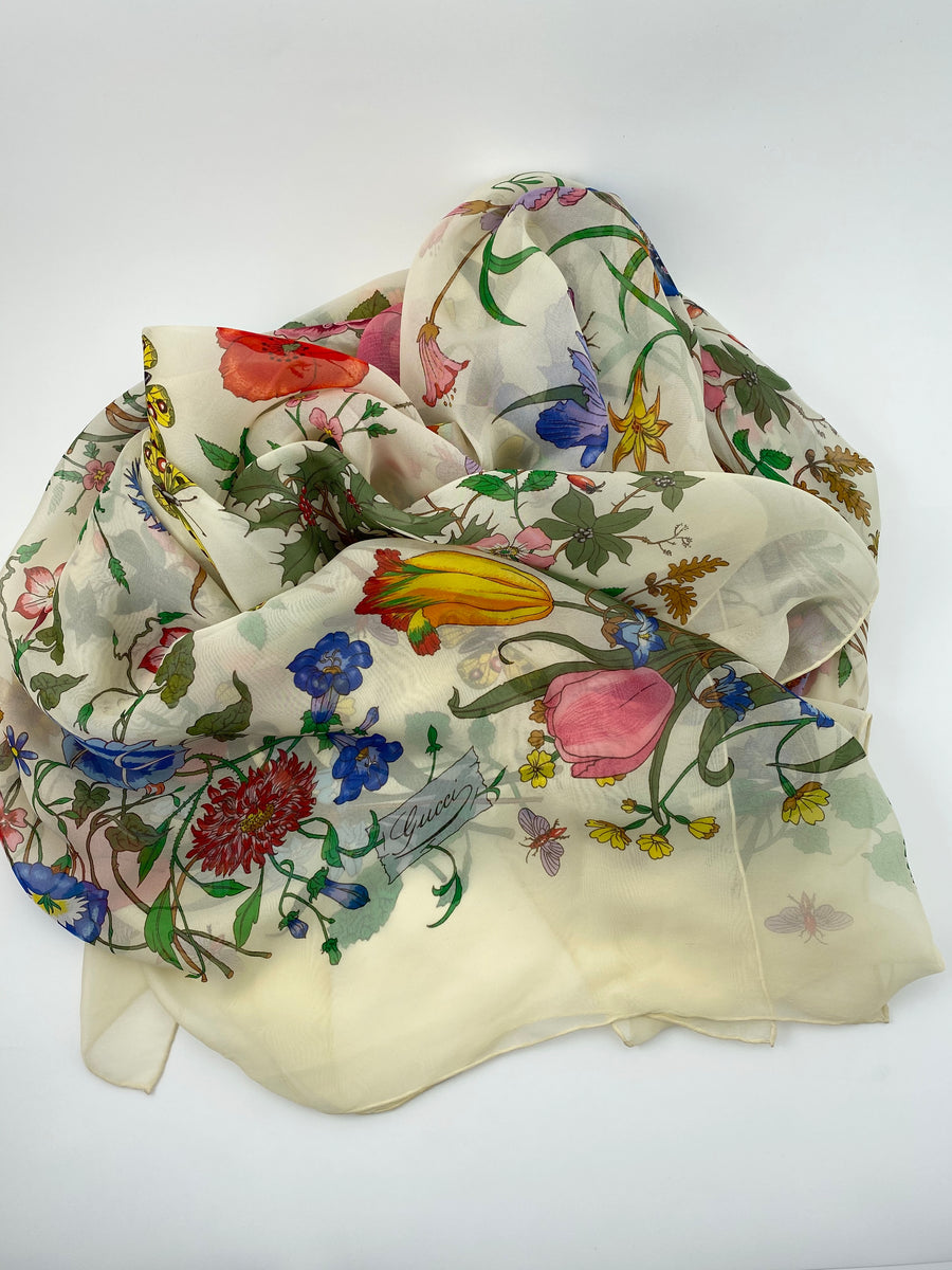 Large Vintage Silk Chiffon Gucci Flora Scarf