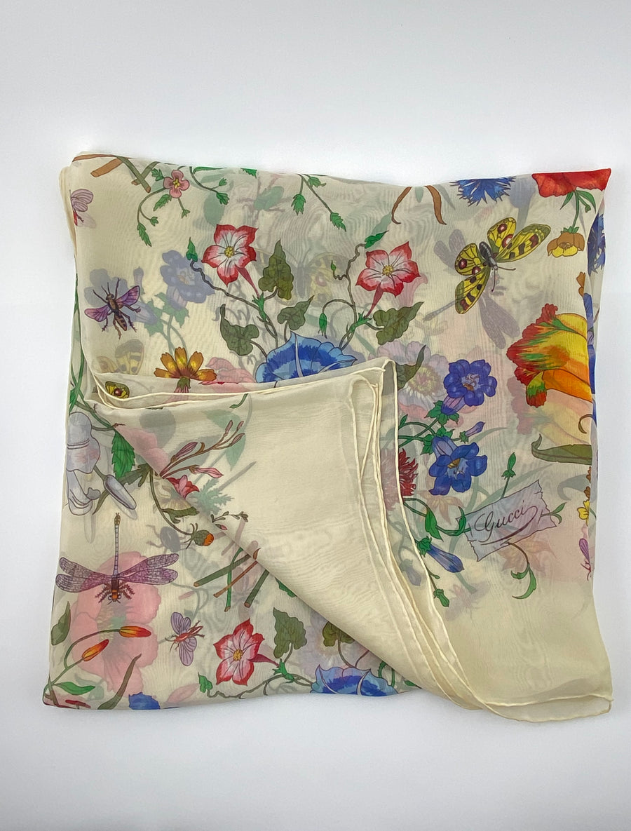 Large Vintage Silk Chiffon Gucci Flora Scarf