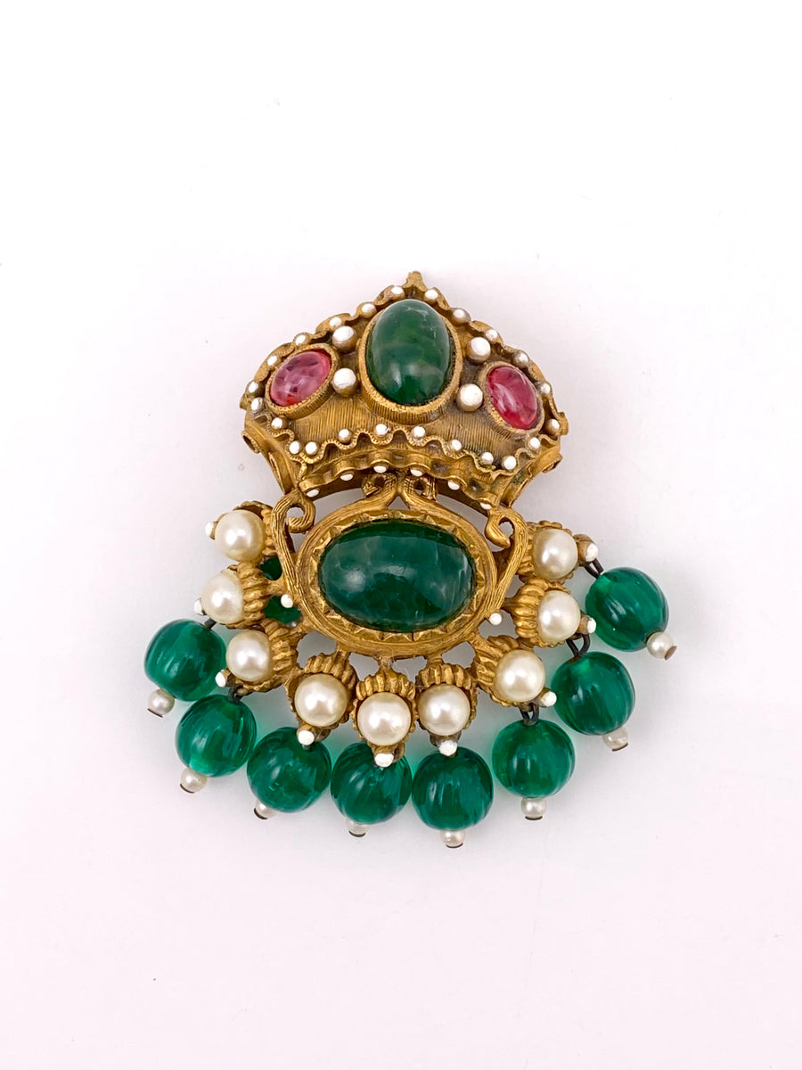 1960s Kenneth Jay Lane Pearl and Multi-Colored Gem Mughal Brooch