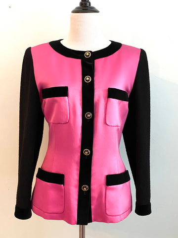Vintage Chanel Pink Satin and Black Wool Jacket