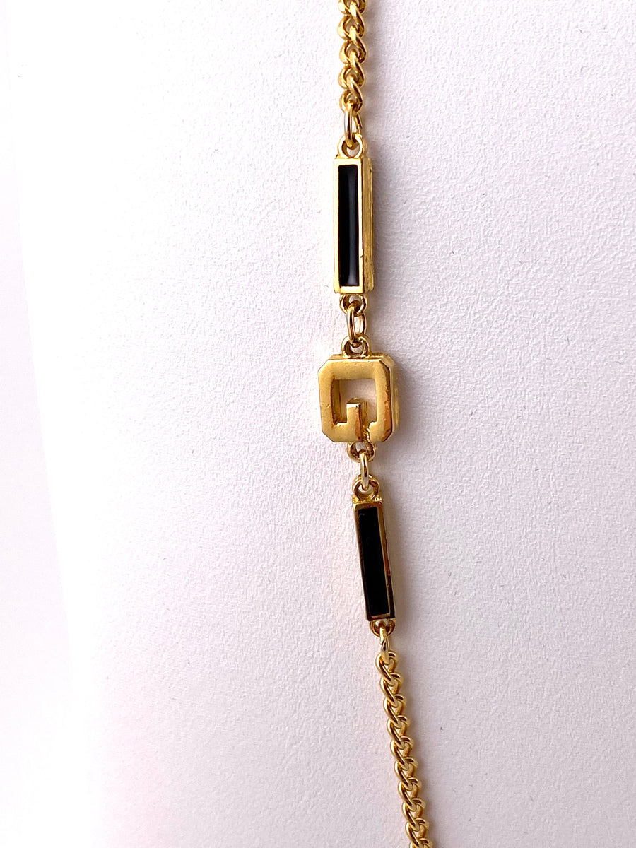 1980s Givenchy Goldtone and Black Enamel Logo Necklace