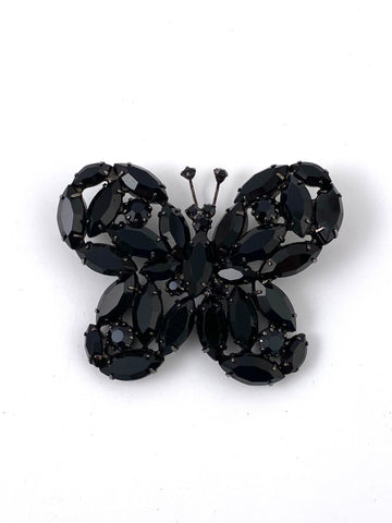 1950s Faceted Jet Black Glass Butterfly Brooch