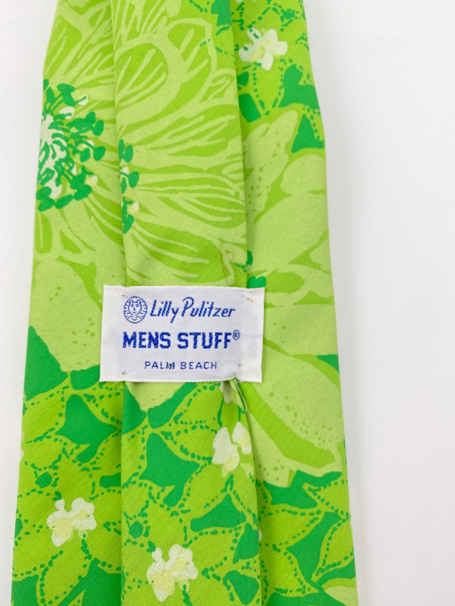 Lilly Pulitzer 1970's Men's Green Floral Print Wide Tie